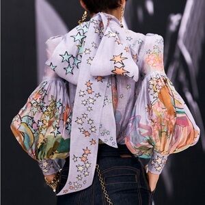 Zimmermann Lavender Star-Print Puff Sleeve Blouse with Multicolor Accents